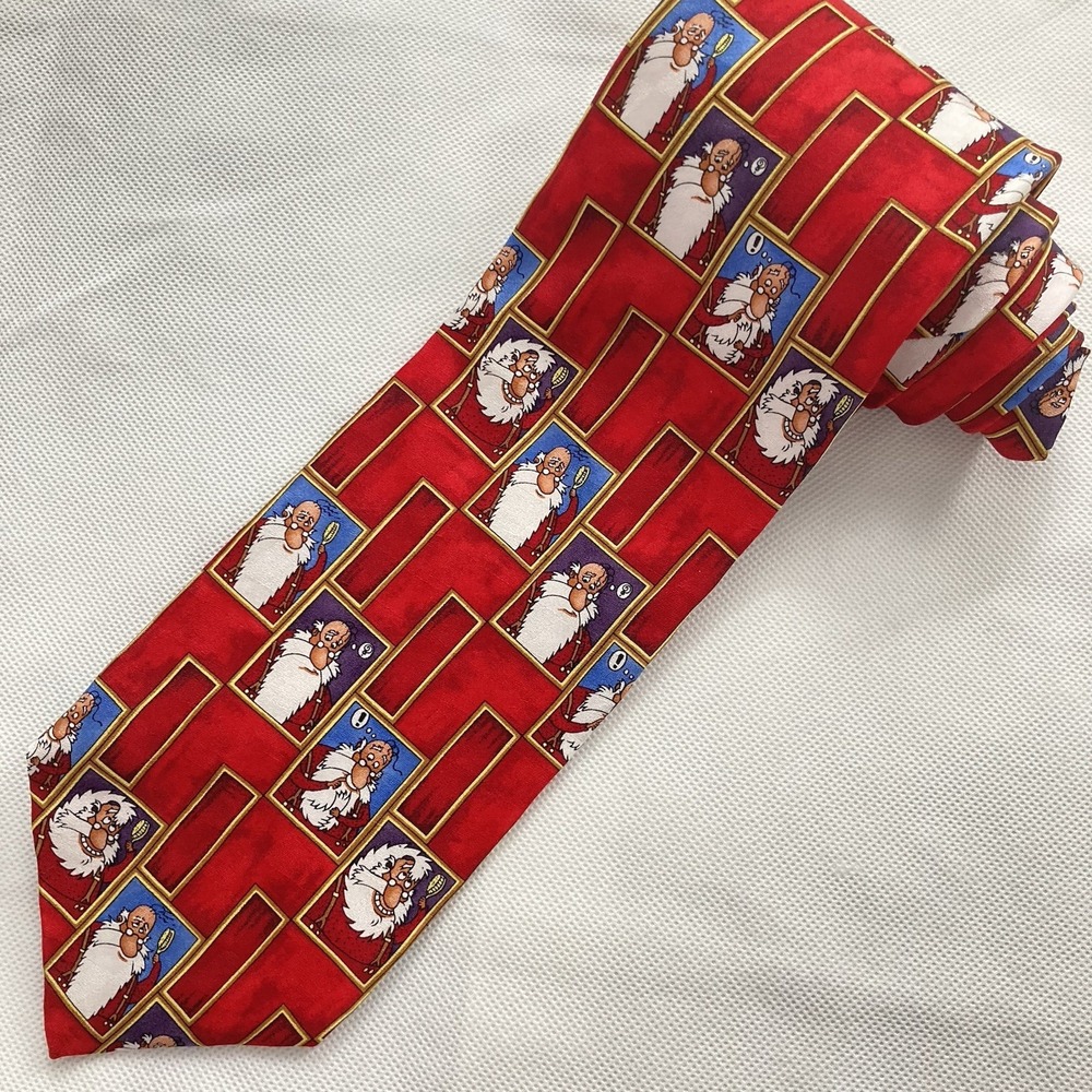 Hallmark Shoebox Mens 100% Silk Novelty Tie Comic Santa Christmas Humorous Red